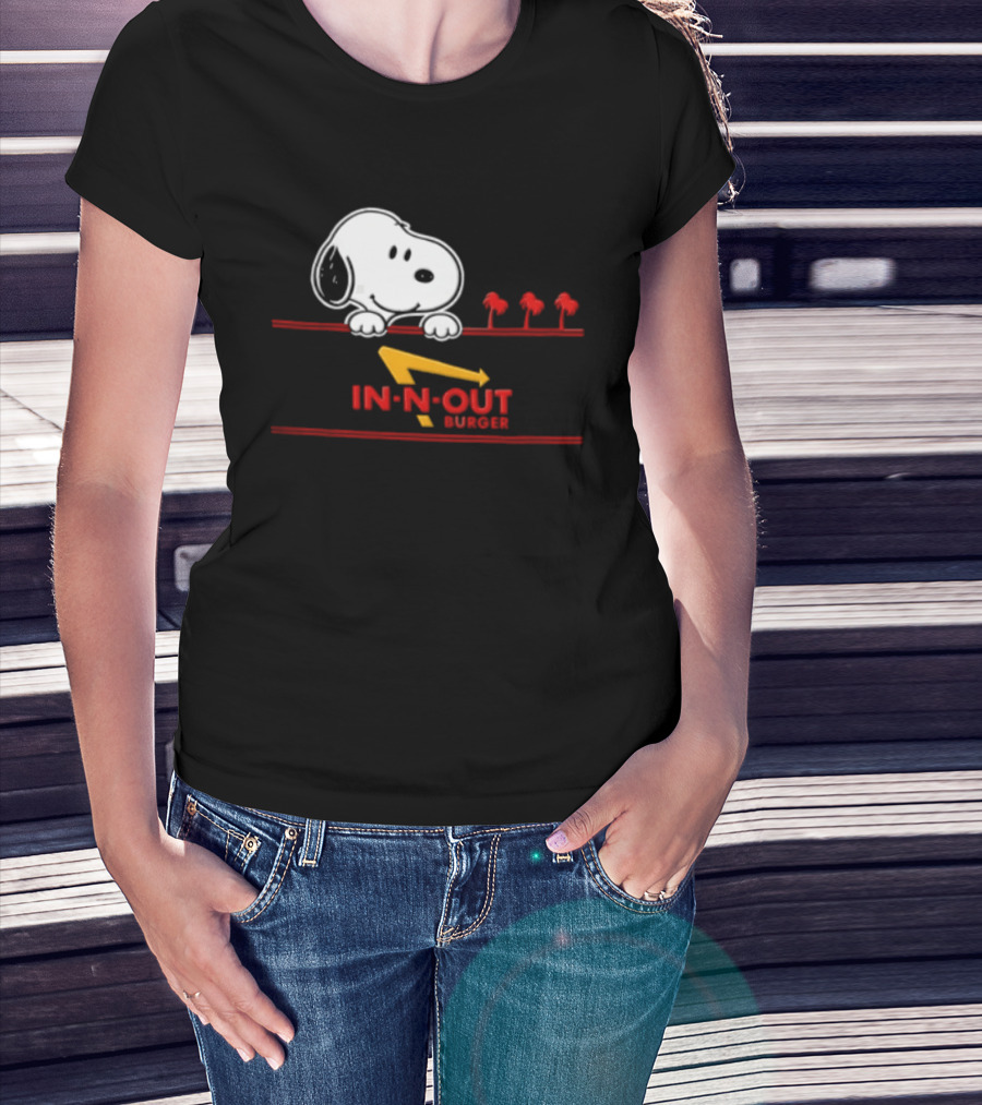 Snoopy Peeking Over In N Out Burger Red Lines With Palm Trees T-Shirt