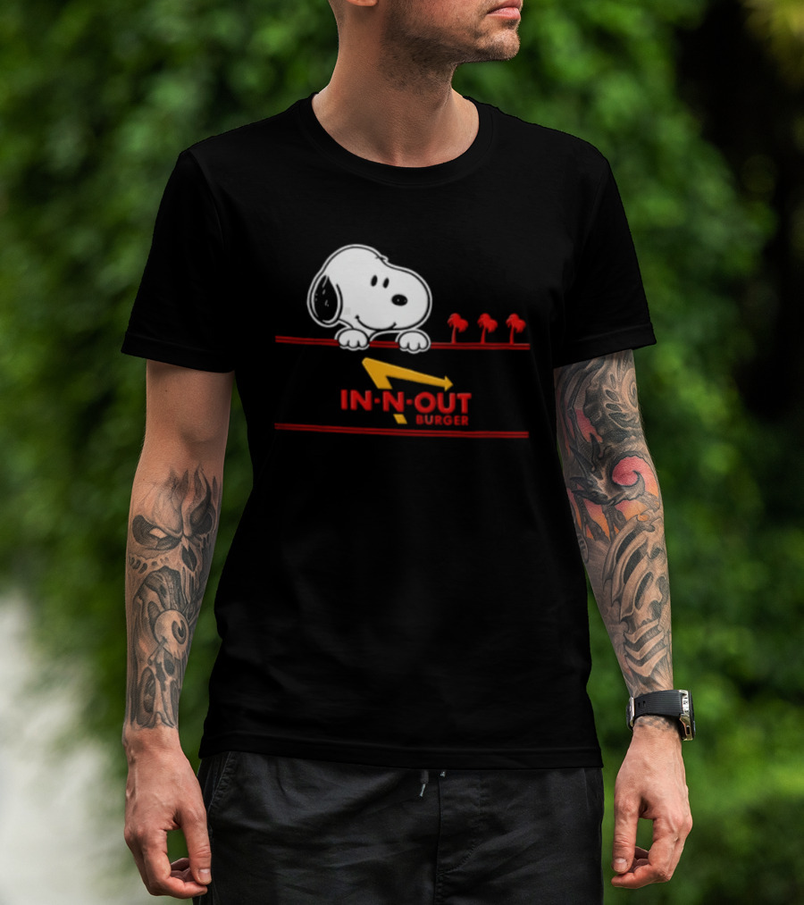 Snoopy Peeking Over In N Out Burger Red Lines With Palm Trees T-Shirt
