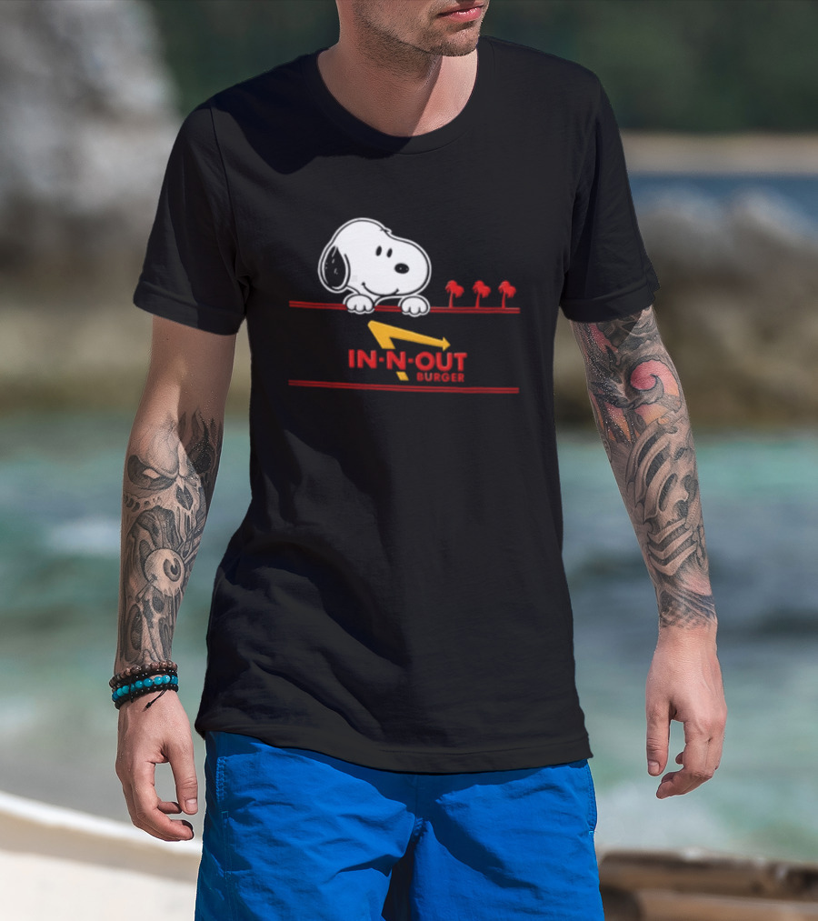 Snoopy Peeking Over In N Out Burger Red Lines With Palm Trees T-Shirt