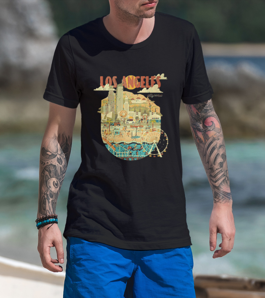 Los Angeles California Skyline Ferris Wheel And Beach Scene T-Shirt