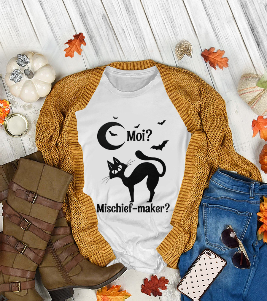 Moi Mischief Maker Black Cat Halloween Moon Bats T-Shirt