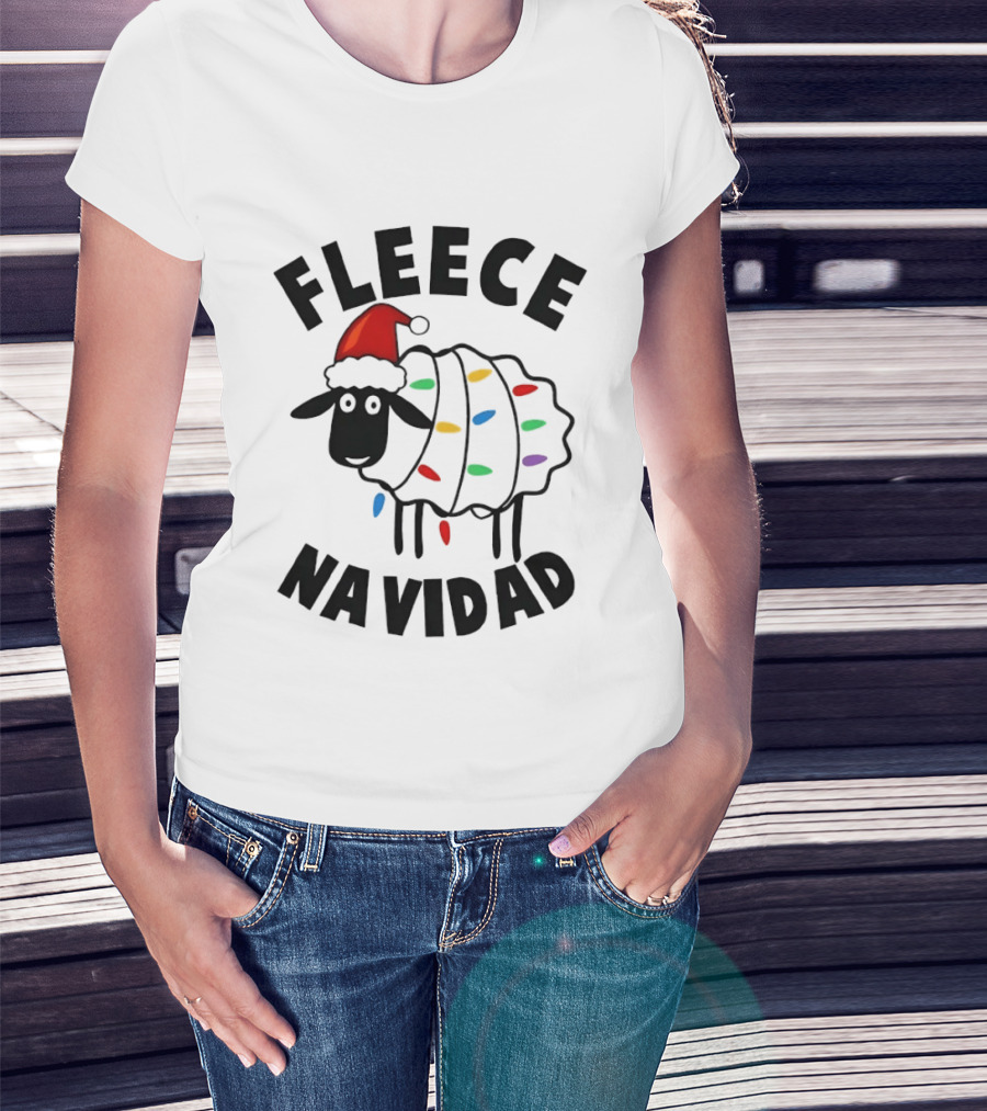 Fleece Navidad Christmas Sheep In Santa Hat With Holiday Lights Pun T-Shirt