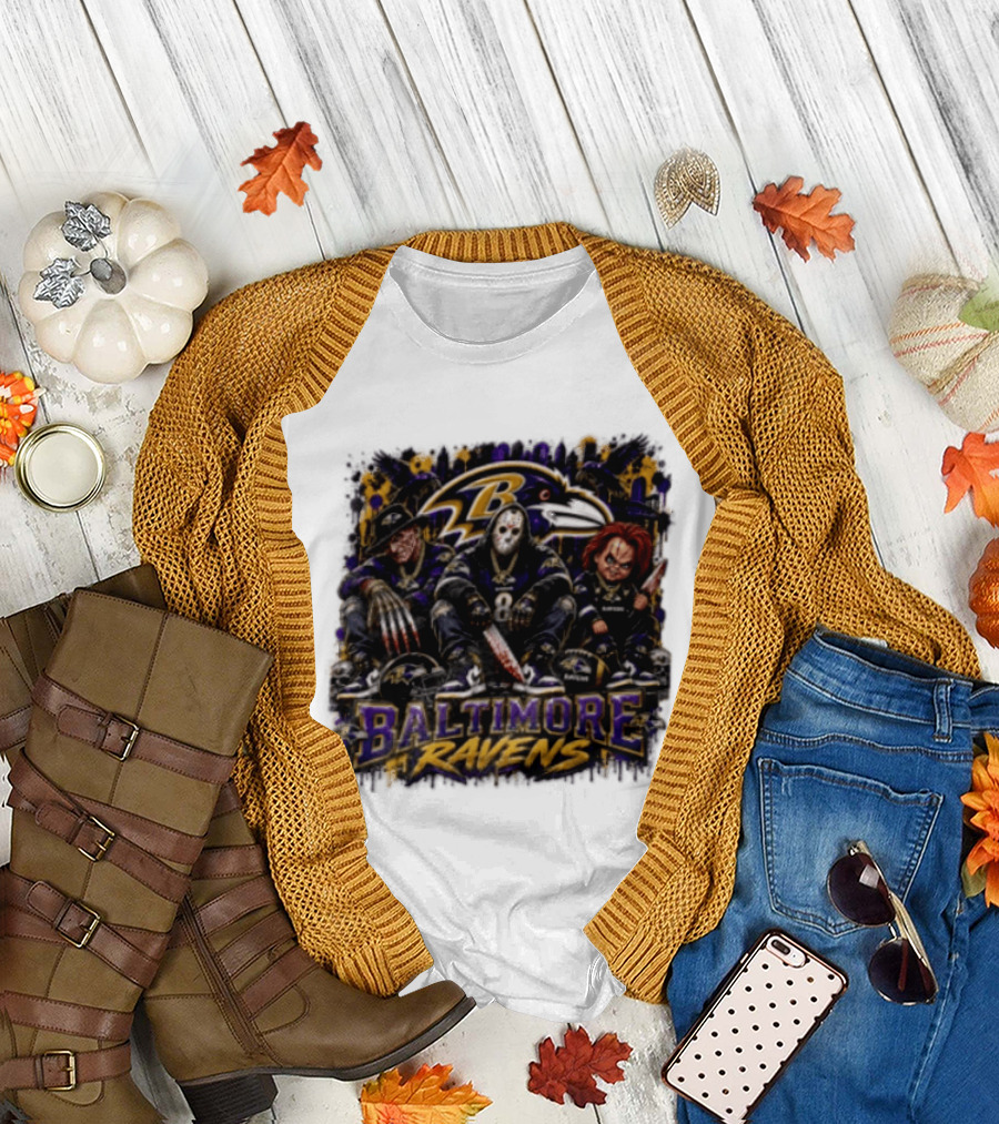 Freddy Krueger Jason Voorhees Chucky Baltimore Ravens Halloween Horror T-Shirt