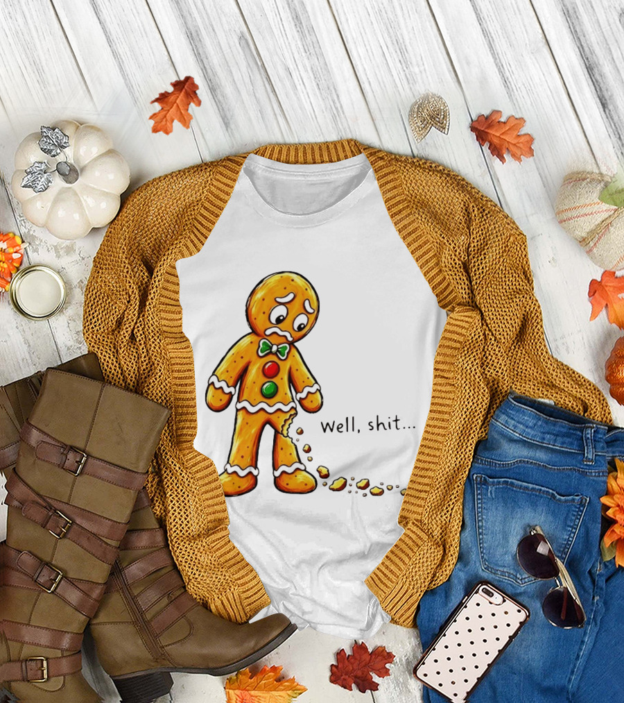 Gingerbread Man Well Shit Broken Cookie Bow Tie Colorful Buttons T-Shirt
