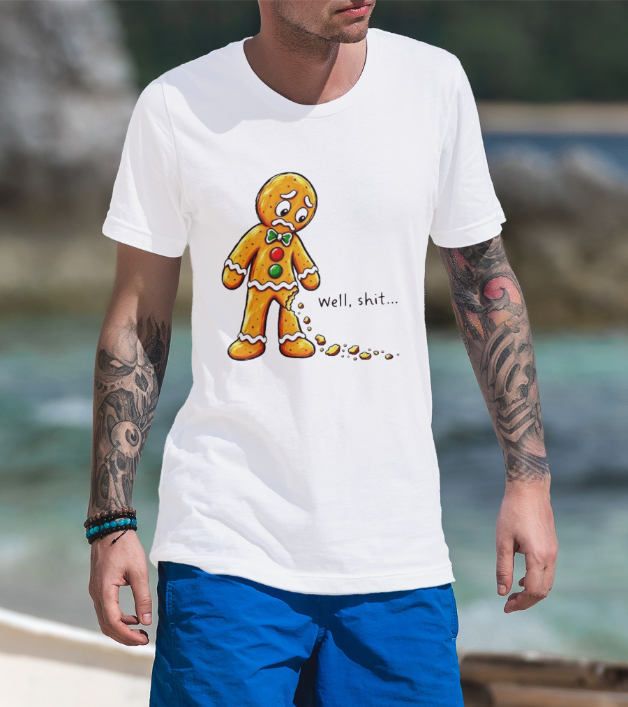 Gingerbread Man Well Shit Broken Cookie Bow Tie Colorful Buttons T-Shirt