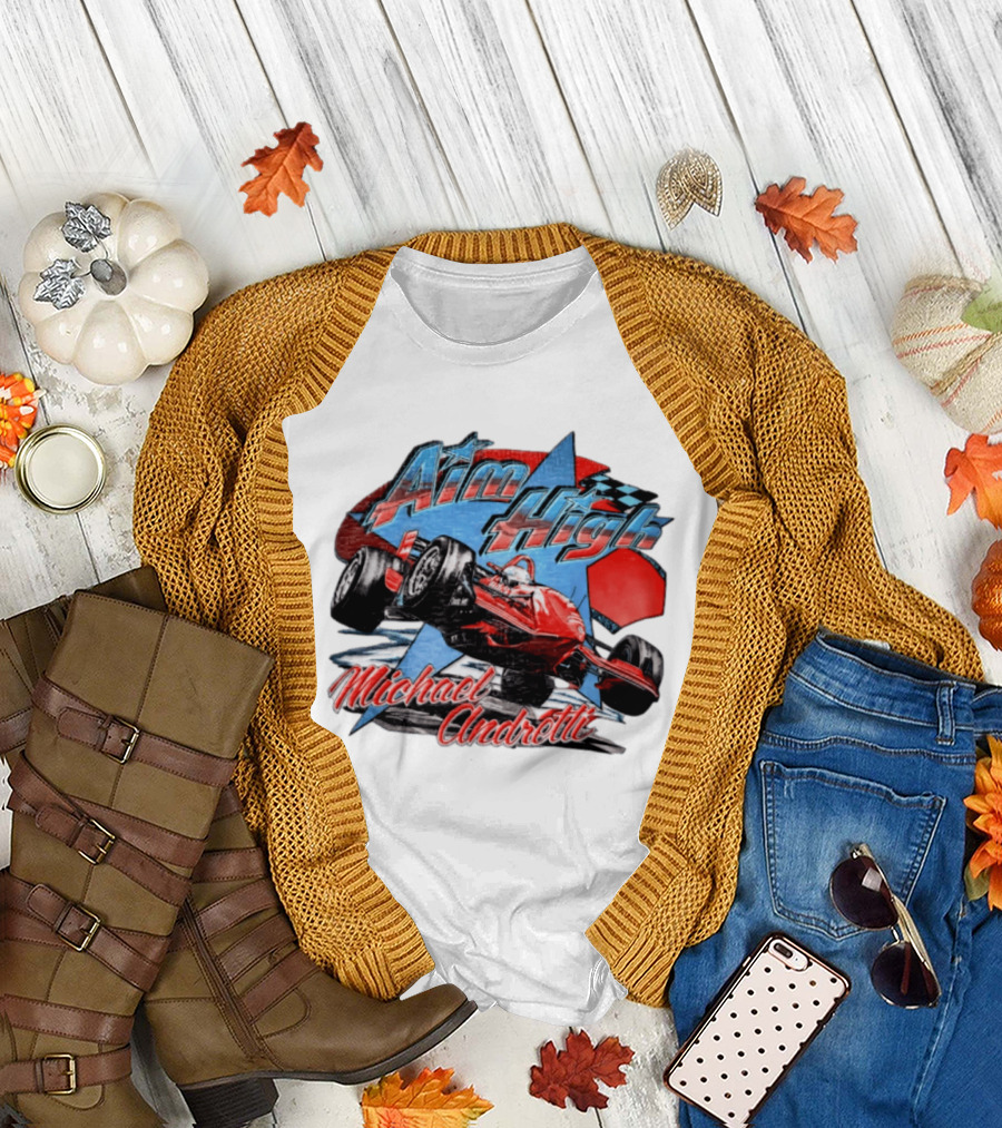 Michael Andretti Aim High Racing Car Art With Checkered Flag T-Shirt