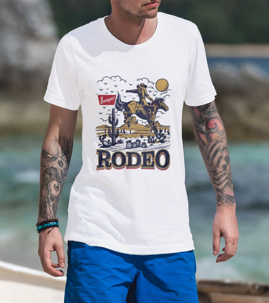 Western Rodeo Cowboy Desert Scene With Cactus And Mountains T-Shirt