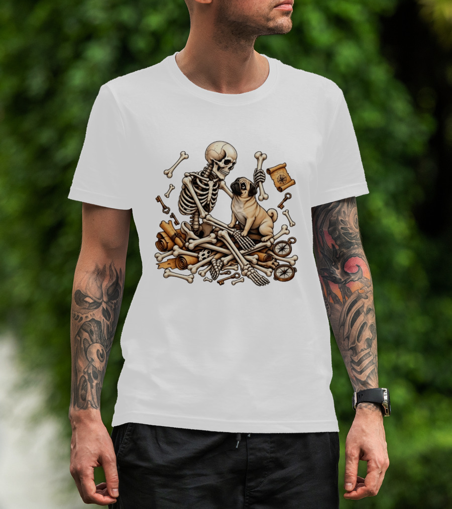 Skeleton Holding Bone With Pug Surrounded By Compass Keys And Treasure Maps T-Shirt