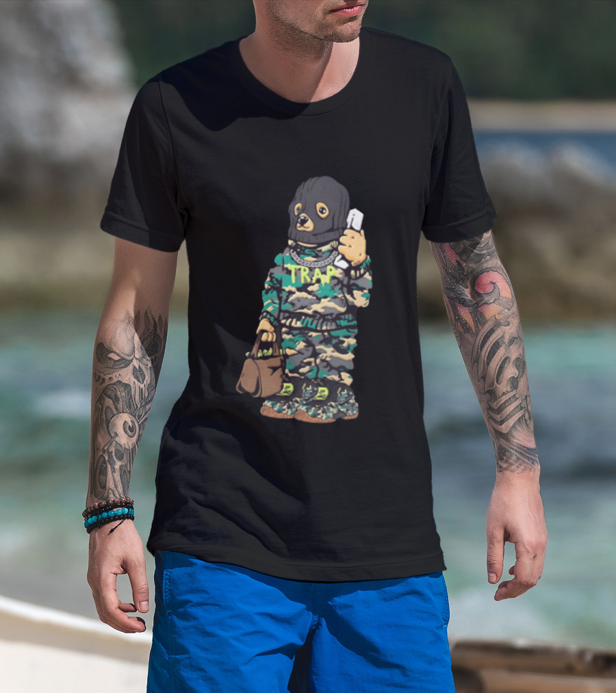 Bear Balaclava Camouflage Trap Outfit With Phone And Bag T-Shirt