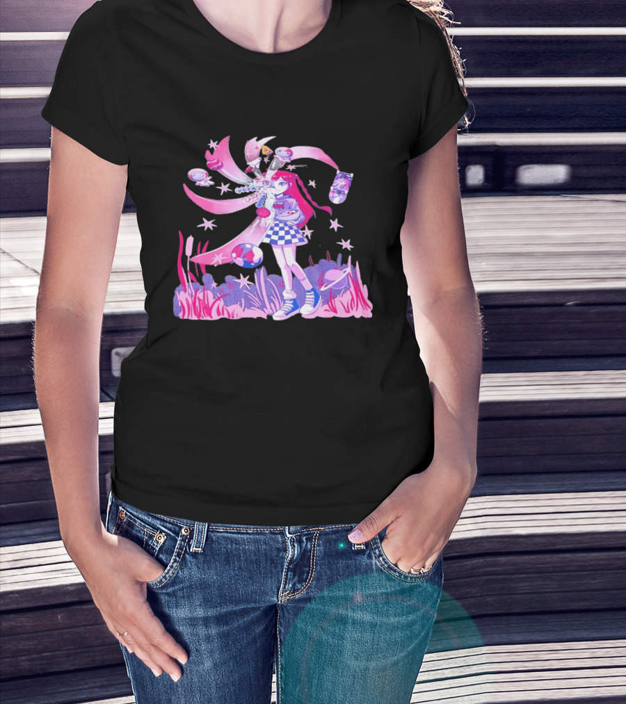 Anime Girl Space Ramen Checkered Skirt Pink Cosmic Stars T-Shirt