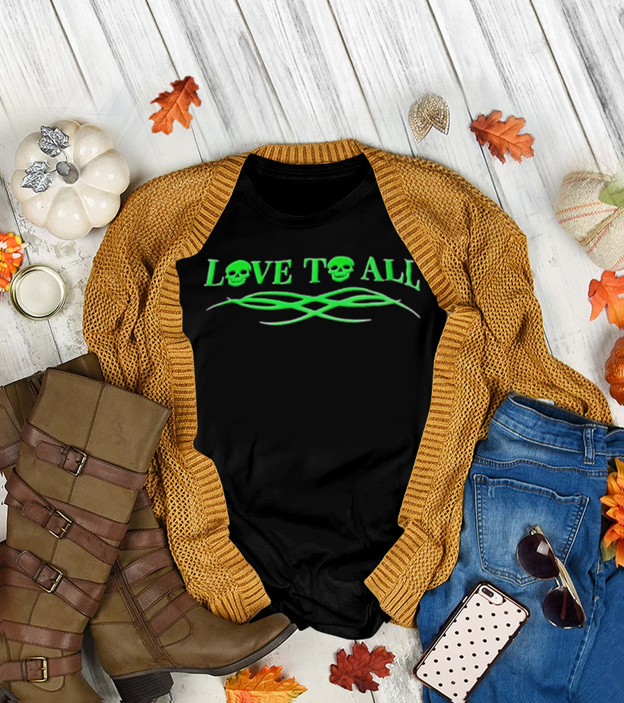 Love TO ALL Green Skulls Tribal Line Vibrant Neon Aesthetic T-Shirt