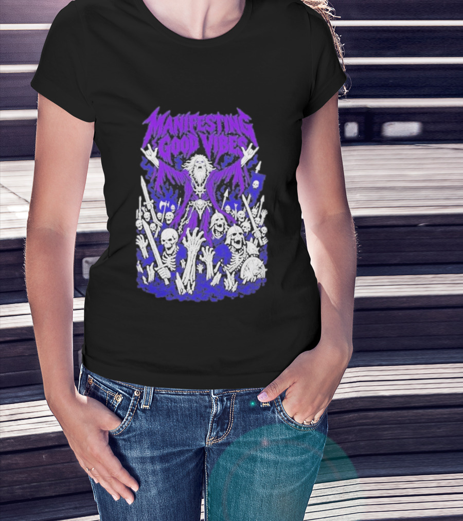 Manifesting Good Vibes Necromancer Skeleton Wizard T-Shirt
