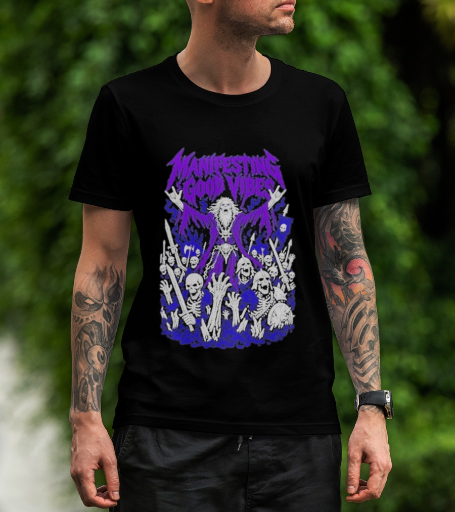Manifesting Good Vibes Necromancer Skeleton Wizard T-Shirt