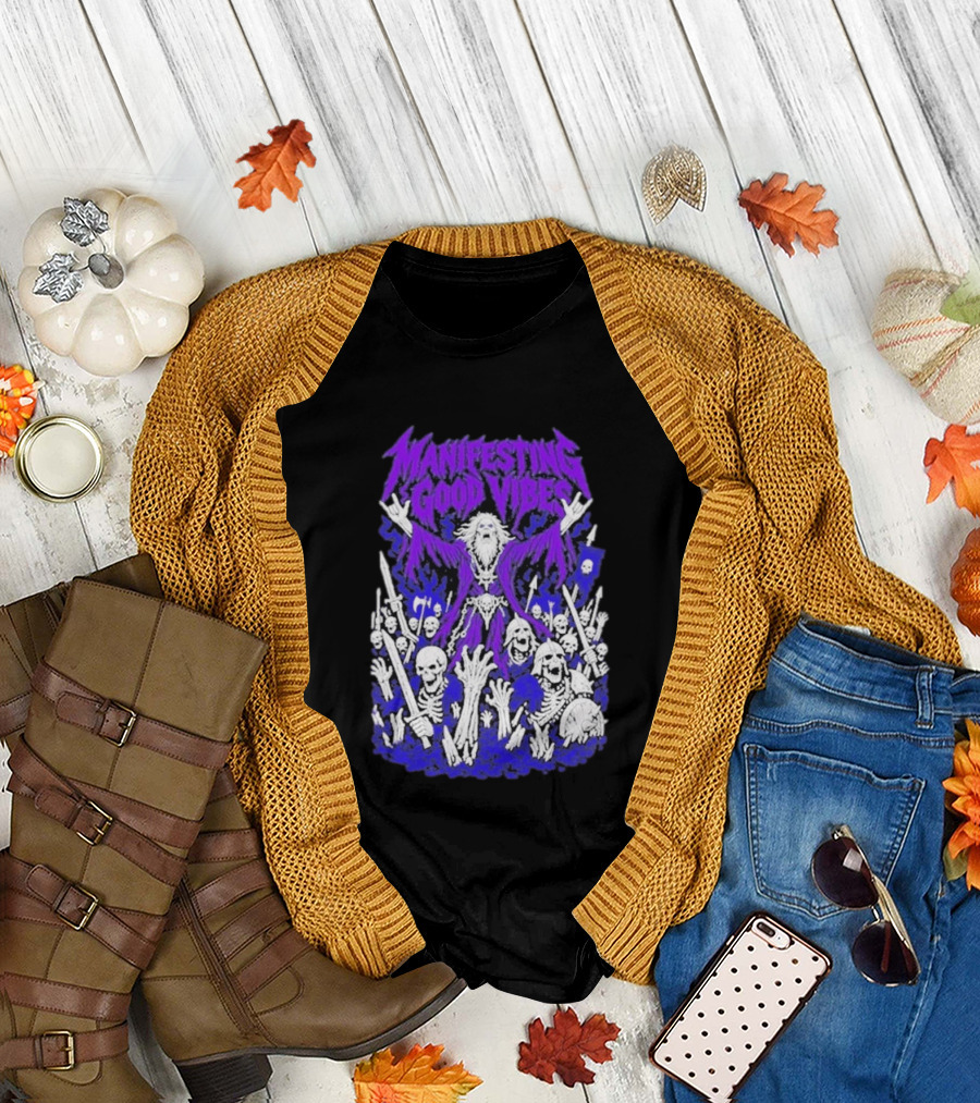 Manifesting Good Vibes Necromancer Skeleton Wizard T-Shirt