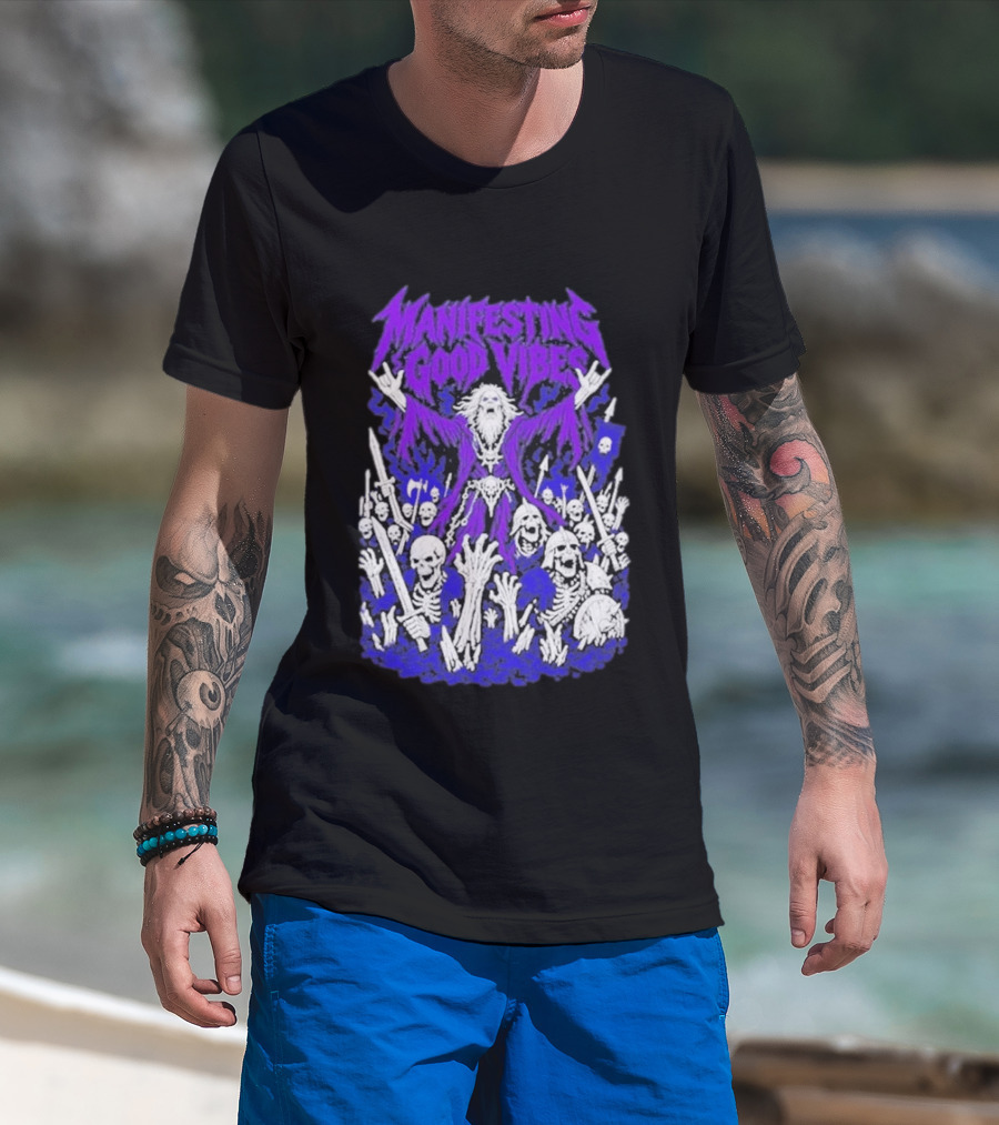 Manifesting Good Vibes Necromancer Skeleton Wizard T-Shirt