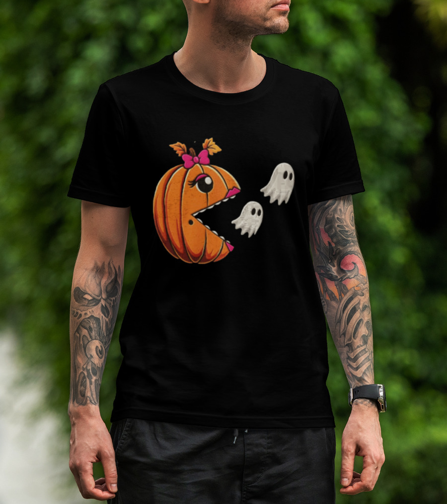 Ms Pac Man Pumpkin Shape Halloween Ghosts T-Shirt