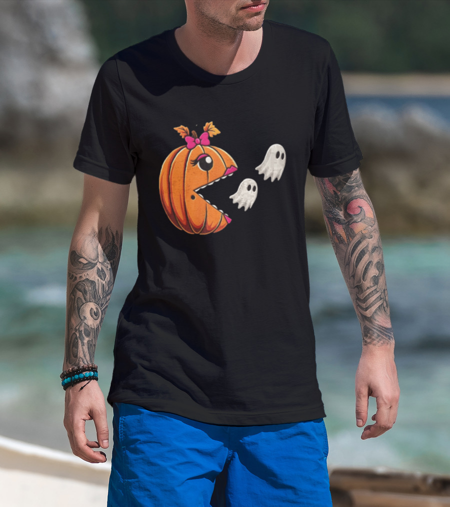 Ms Pac Man Pumpkin Shape Halloween Ghosts T-Shirt