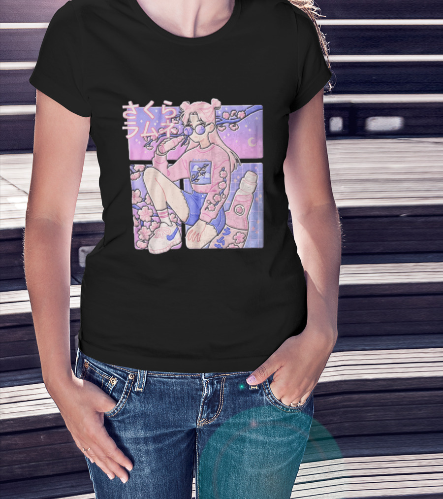 Anime Girl Drinking Pink Soda Sakura Blossoms Pastel Aesthetic T-Shirt