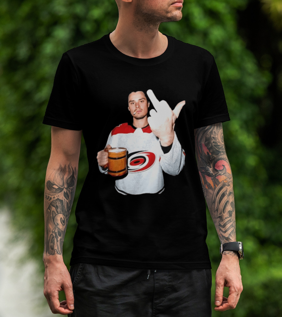 Sebastian Aho Carolina Hurricanes Wooden Beer Middle Finger Gesture T-Shirt
