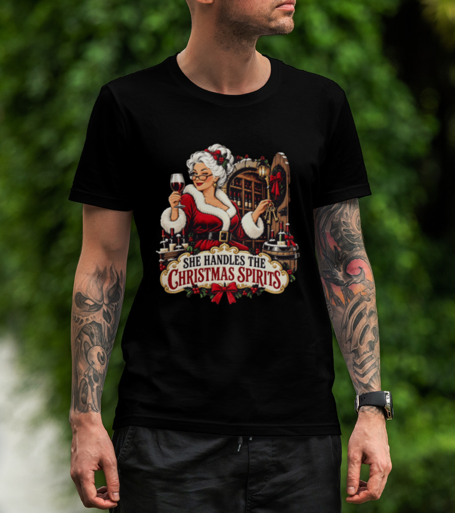 She Handles The Christmas Spirits Woman With Wine Glass In Festive Wine Cellar Scene T-Shirt