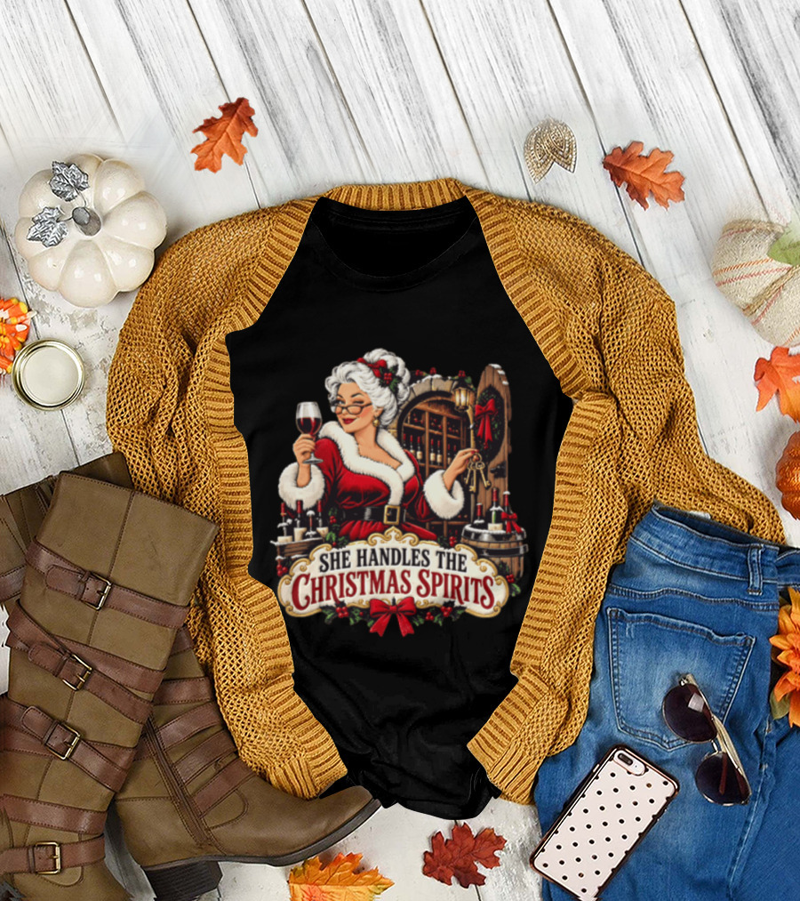 She Handles The Christmas Spirits Woman With Wine Glass In Festive Wine Cellar Scene T-Shirt