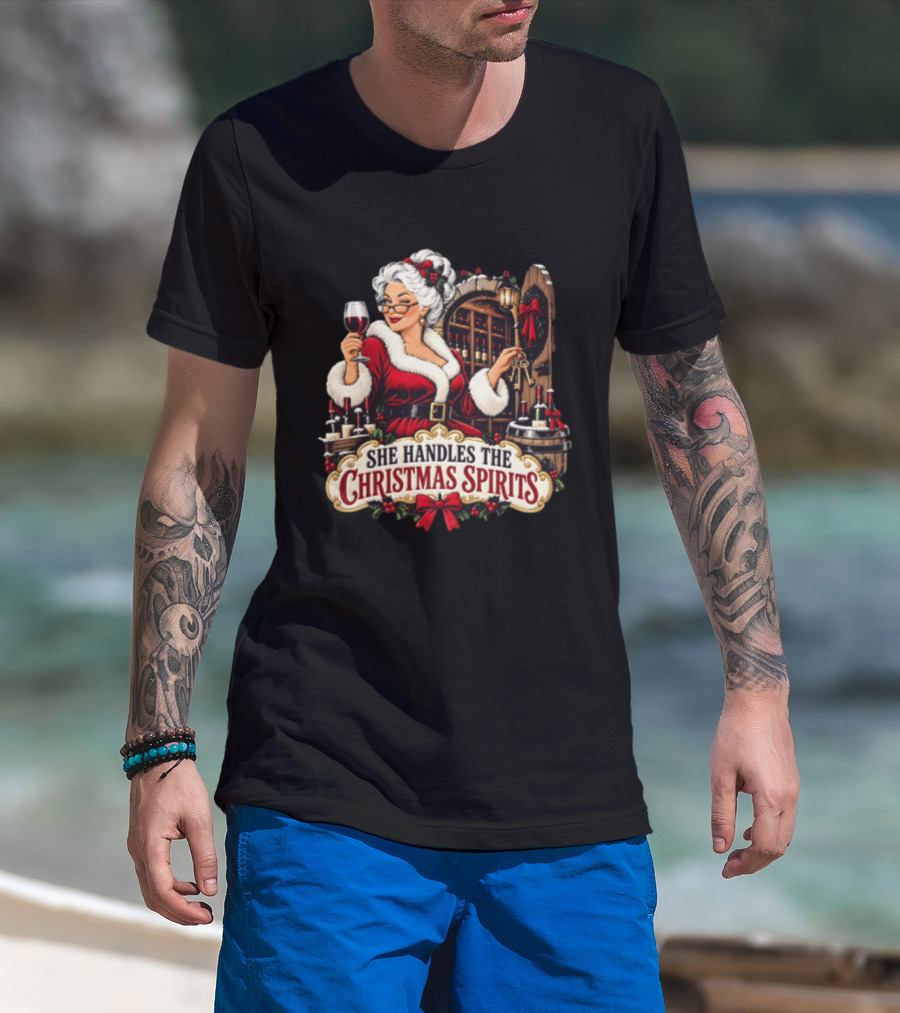 She Handles The Christmas Spirits Woman With Wine Glass In Festive Wine Cellar Scene T-Shirt