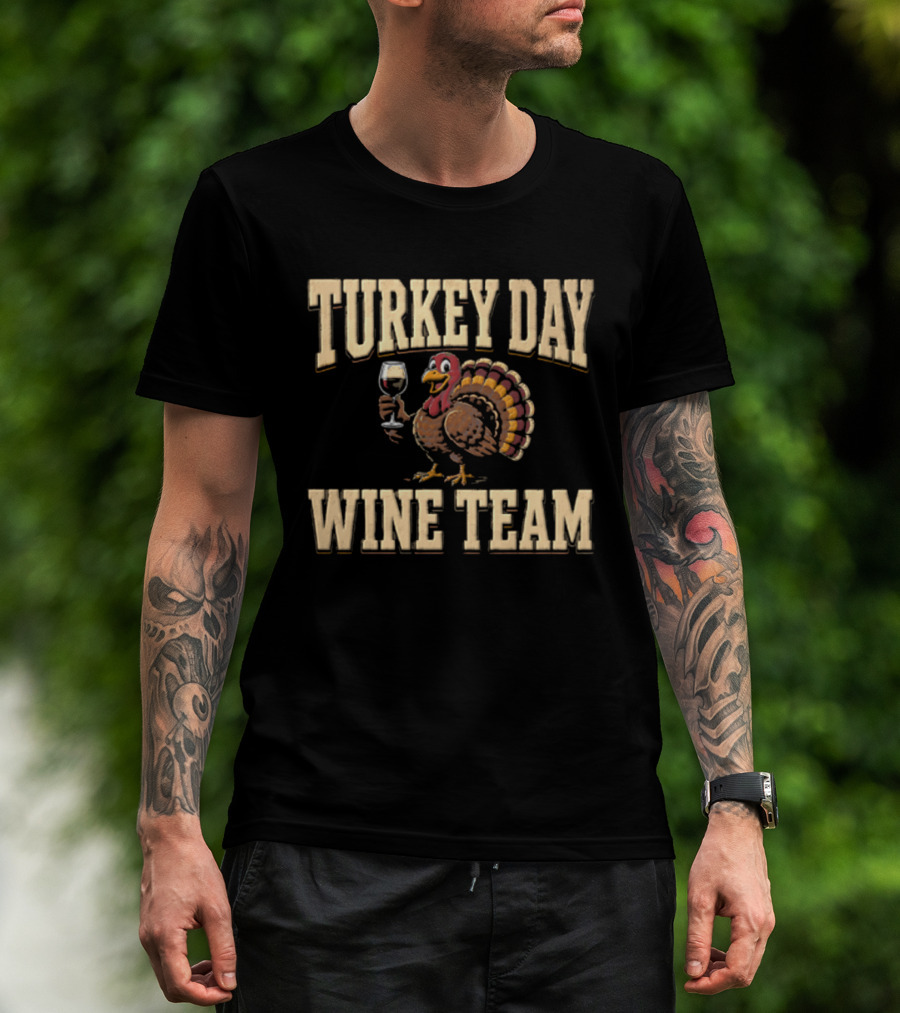 Turkey Day Wine Team Cartoon With Turkey Holding Wine Glass T-Shirt