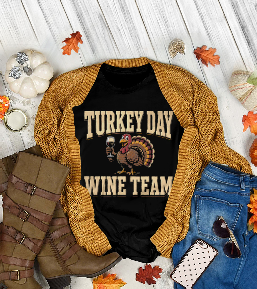 Turkey Day Wine Team Cartoon With Turkey Holding Wine Glass T-Shirt