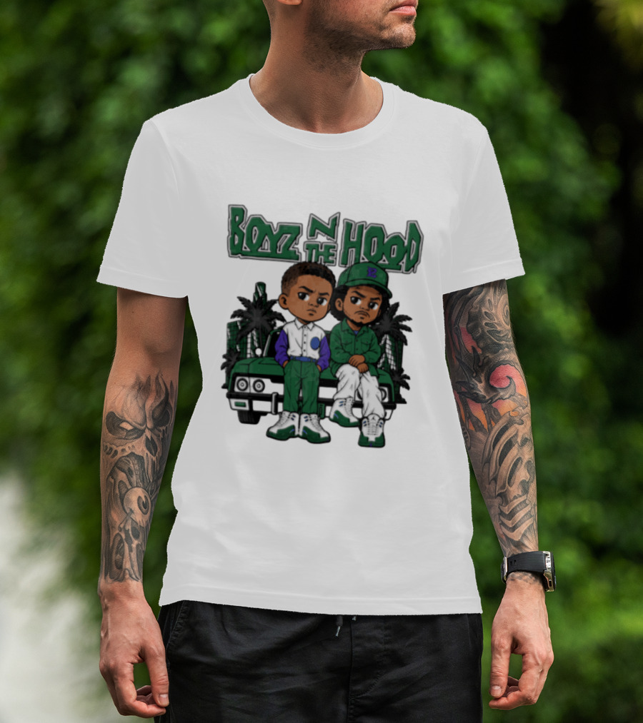 Boyz N The Hood Cartoon Boys Green Car Palm Trees T-Shirt