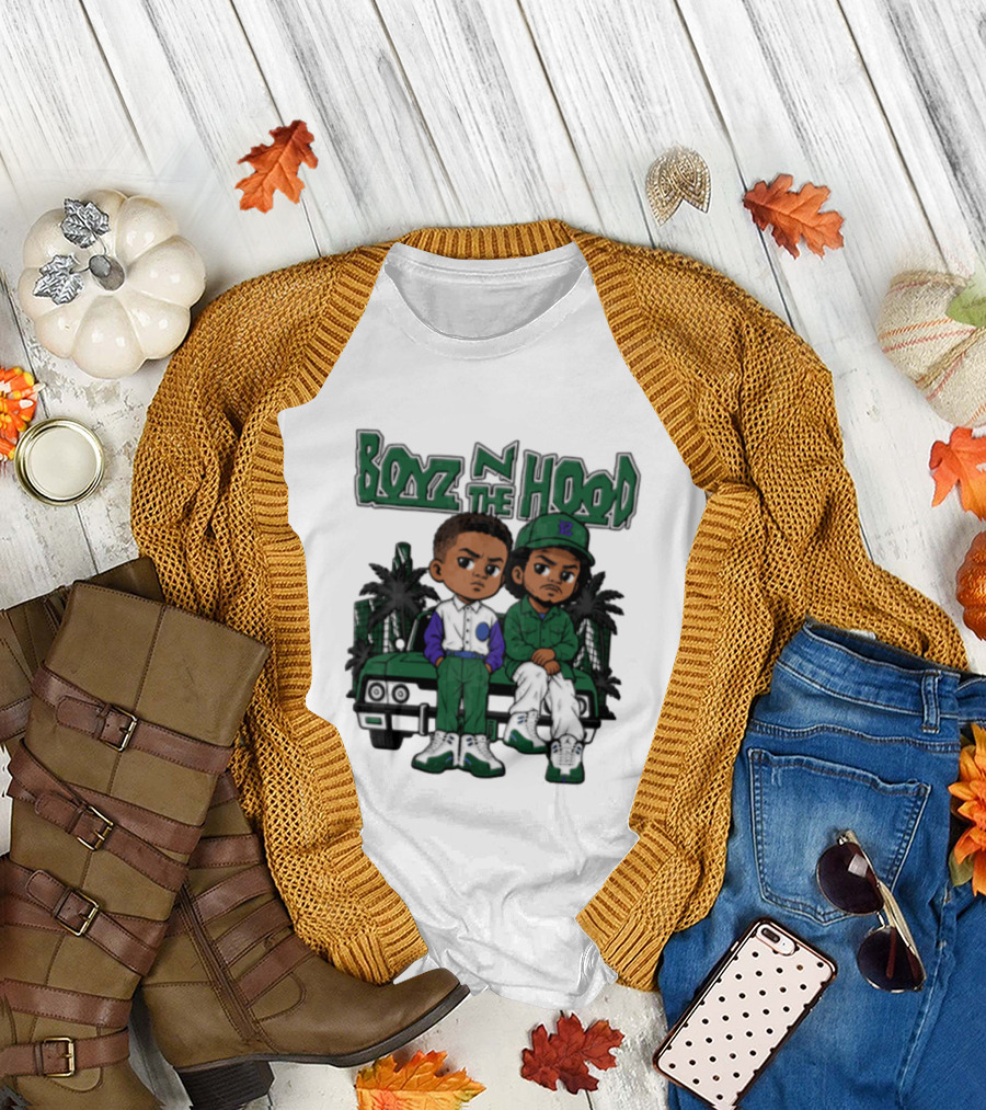 Boyz N The Hood Cartoon Boys Green Car Palm Trees T-Shirt
