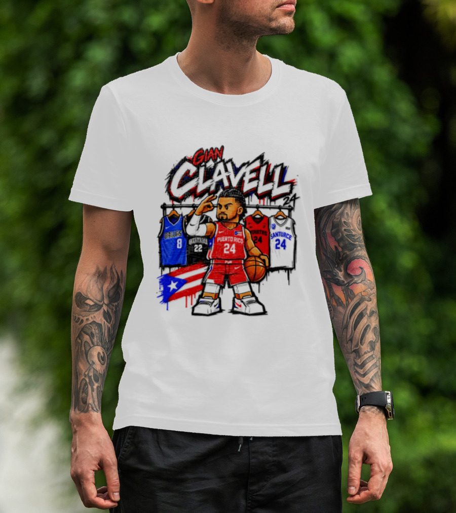 Gian Clavell Puerto Rico Basketball Cartoon With Jersey Collection And Flag T-Shirt