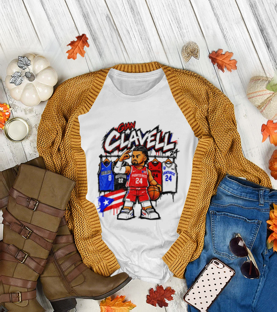 Gian Clavell Puerto Rico Basketball Cartoon With Jersey Collection And Flag T-Shirt