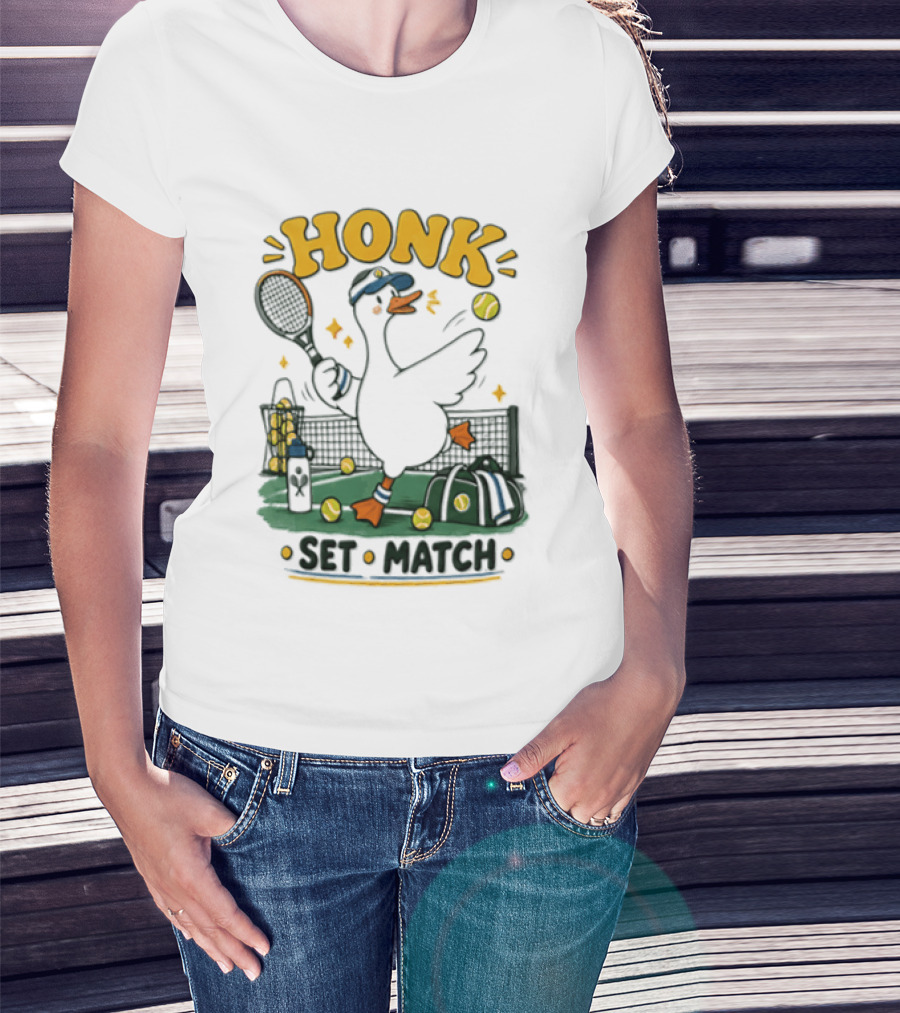 Honk Set Match Duck Playing Tennis Cartoon T-Shirt