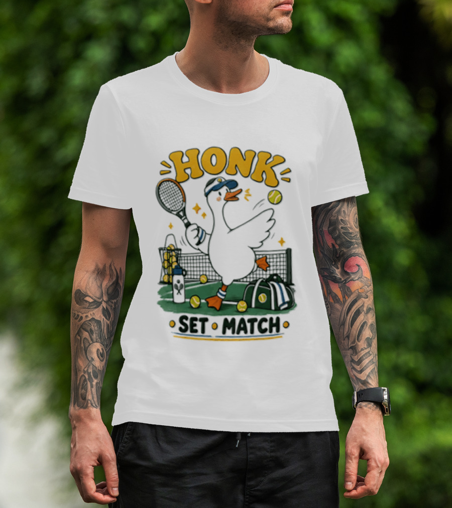 Honk Set Match Duck Playing Tennis Cartoon T-Shirt