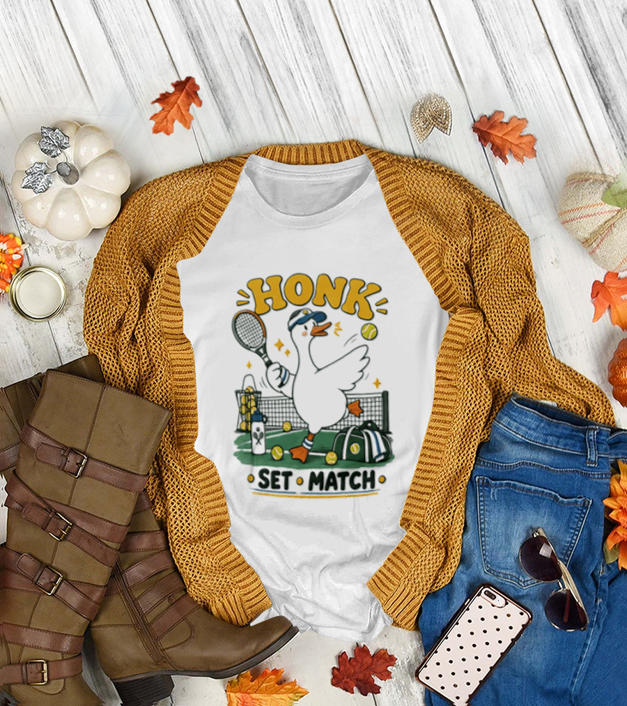 Honk Set Match Duck Playing Tennis Cartoon T-Shirt