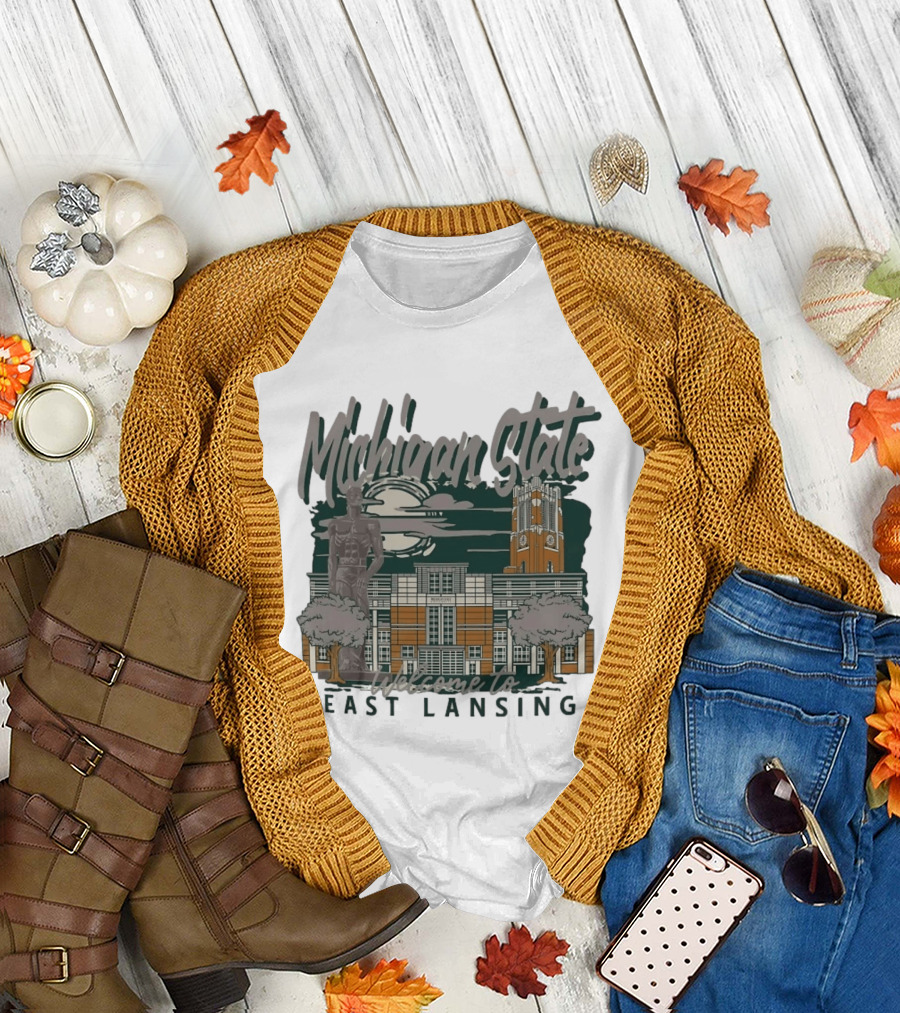 Michigan State University Welcome To East Lansing Scenic Campus Architecture And Famous Spartan Statue T-Shirt