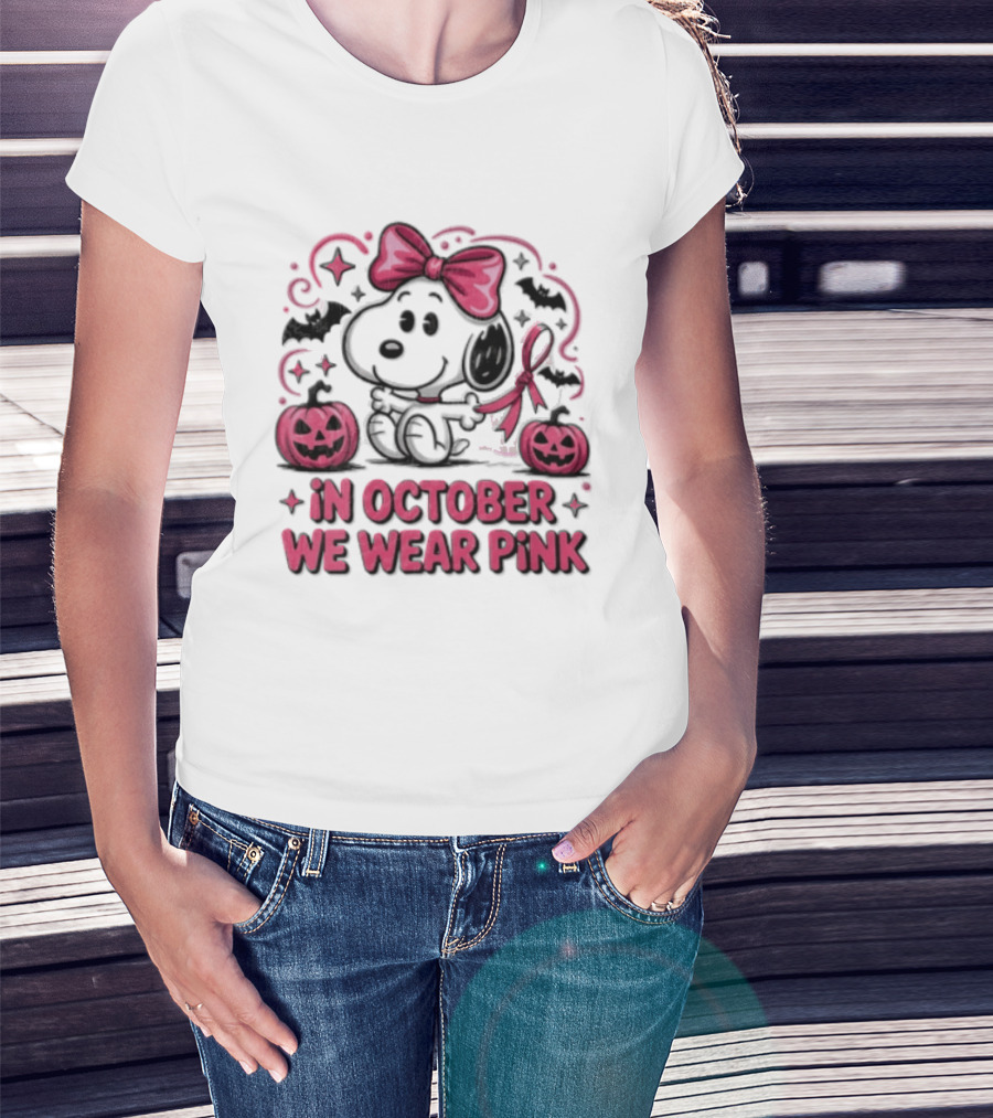 In October We Wear Pink Snoopy Peanuts Halloween Bow Pumpkins Bats T-Shirt