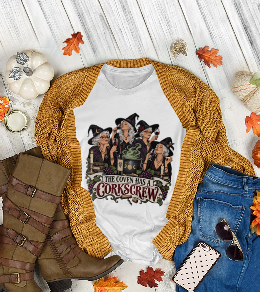 The Coven Has A Corkscrew Four Witches Drinking Wine Cauldron Grapes Candles T-Shirt
