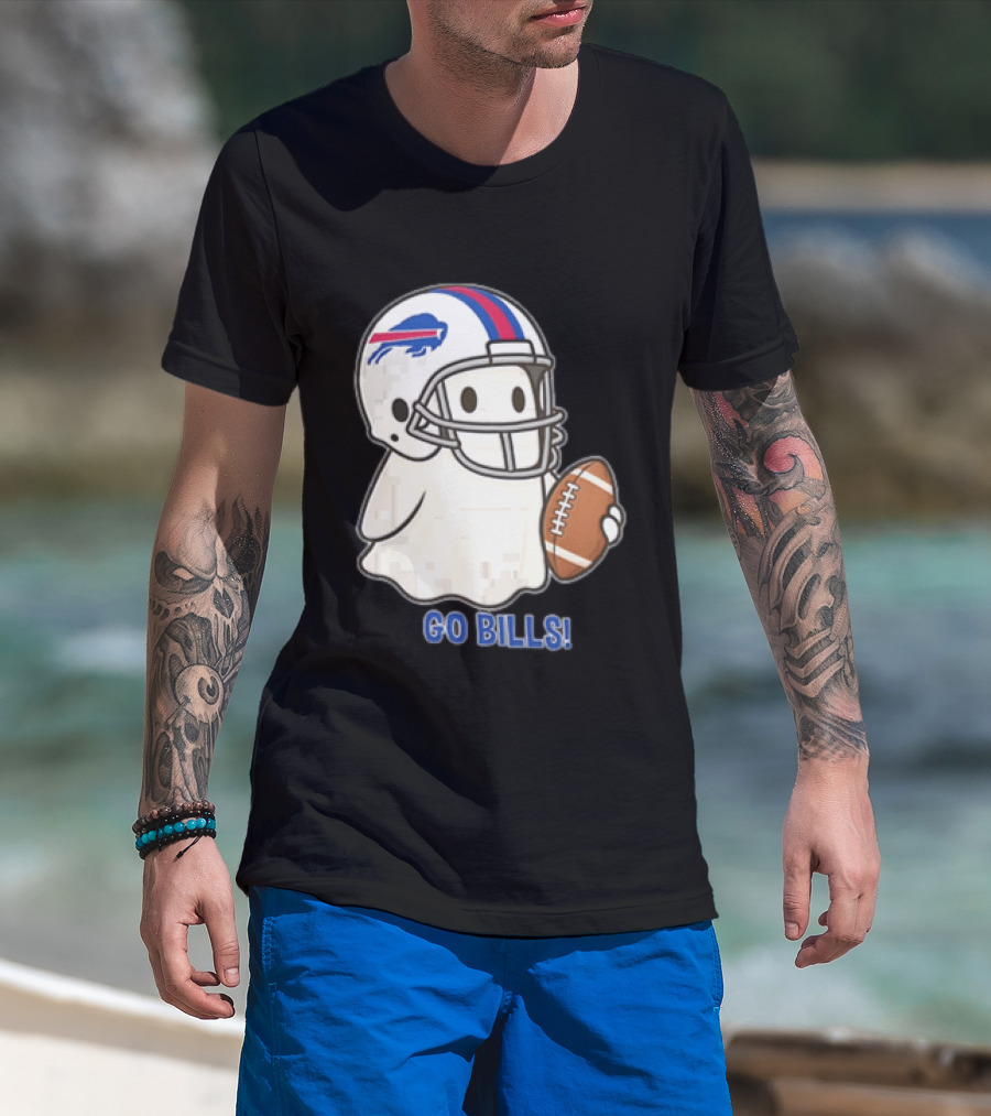 Buffalo Bills Ghost GO BILLS Football Helmet Holding Ball T-Shirt