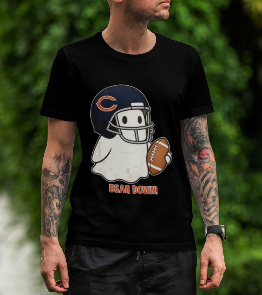 Chicago Bears Bear Down Ghost Football Helmet Holding Ball T-Shirt