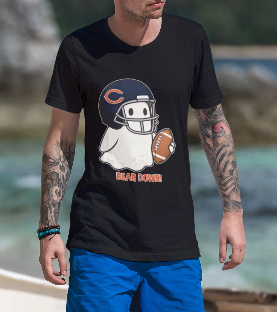 Chicago Bears Bear Down Ghost Football Helmet Holding Ball T-Shirt
