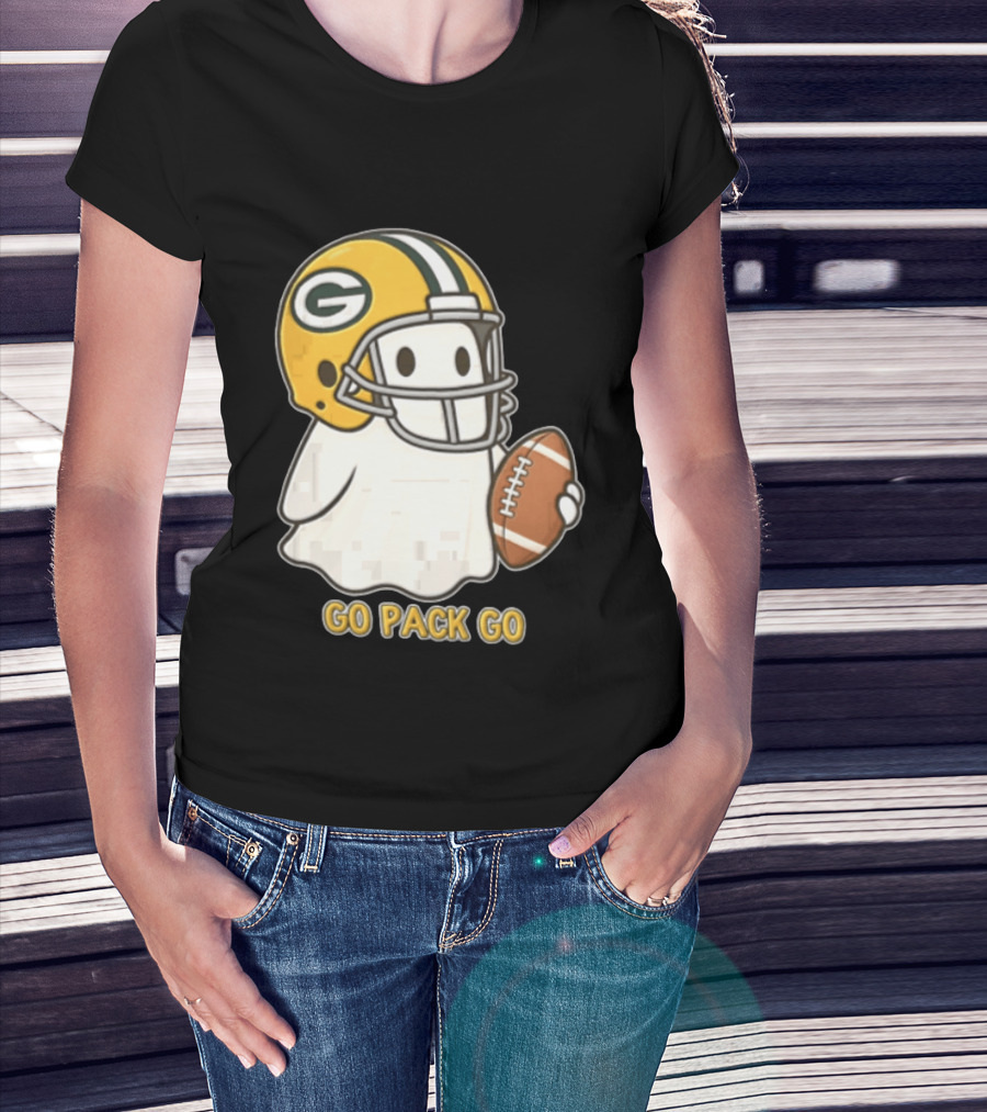 Go Pack Go Ghost With Green Bay Packers Football Helmet And Ball T-Shirt