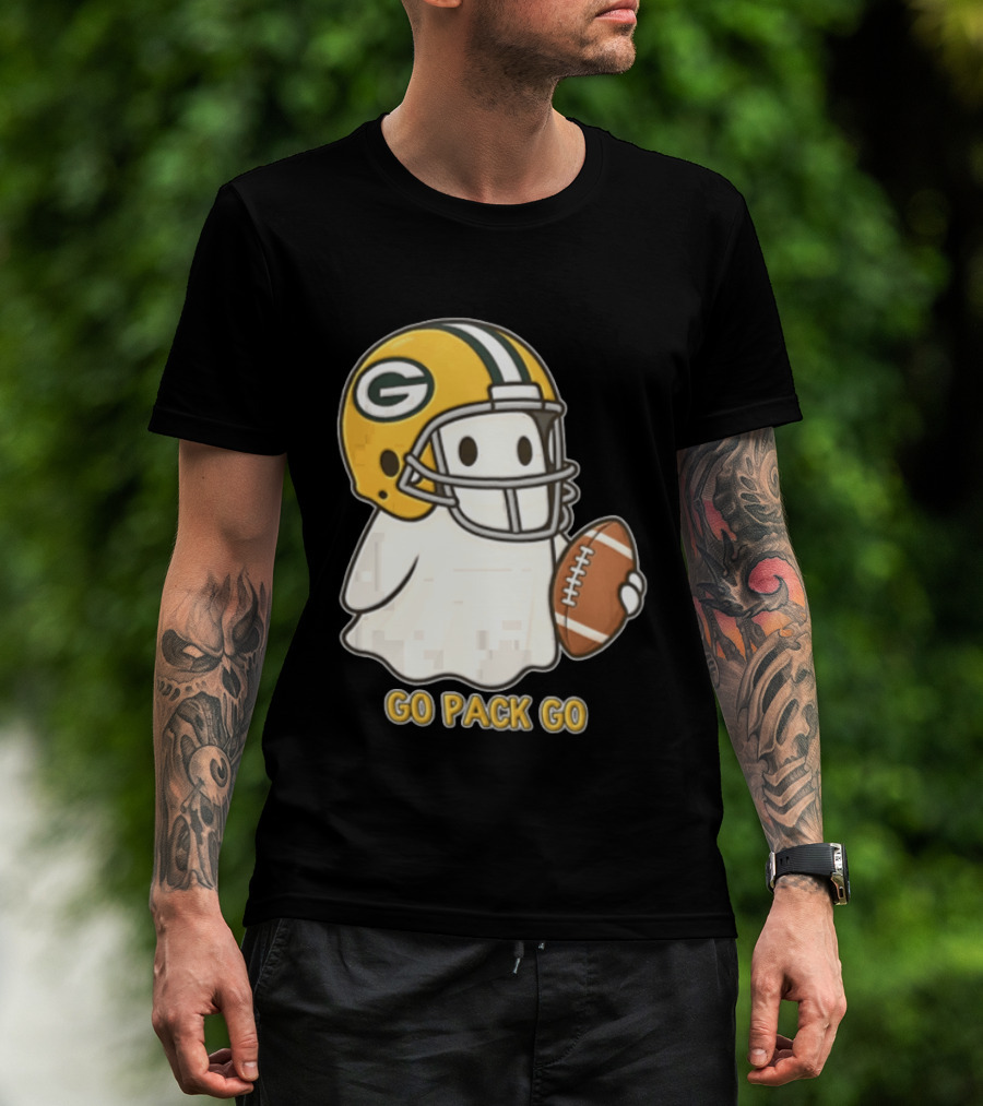 Go Pack Go Ghost With Green Bay Packers Football Helmet And Ball T-Shirt