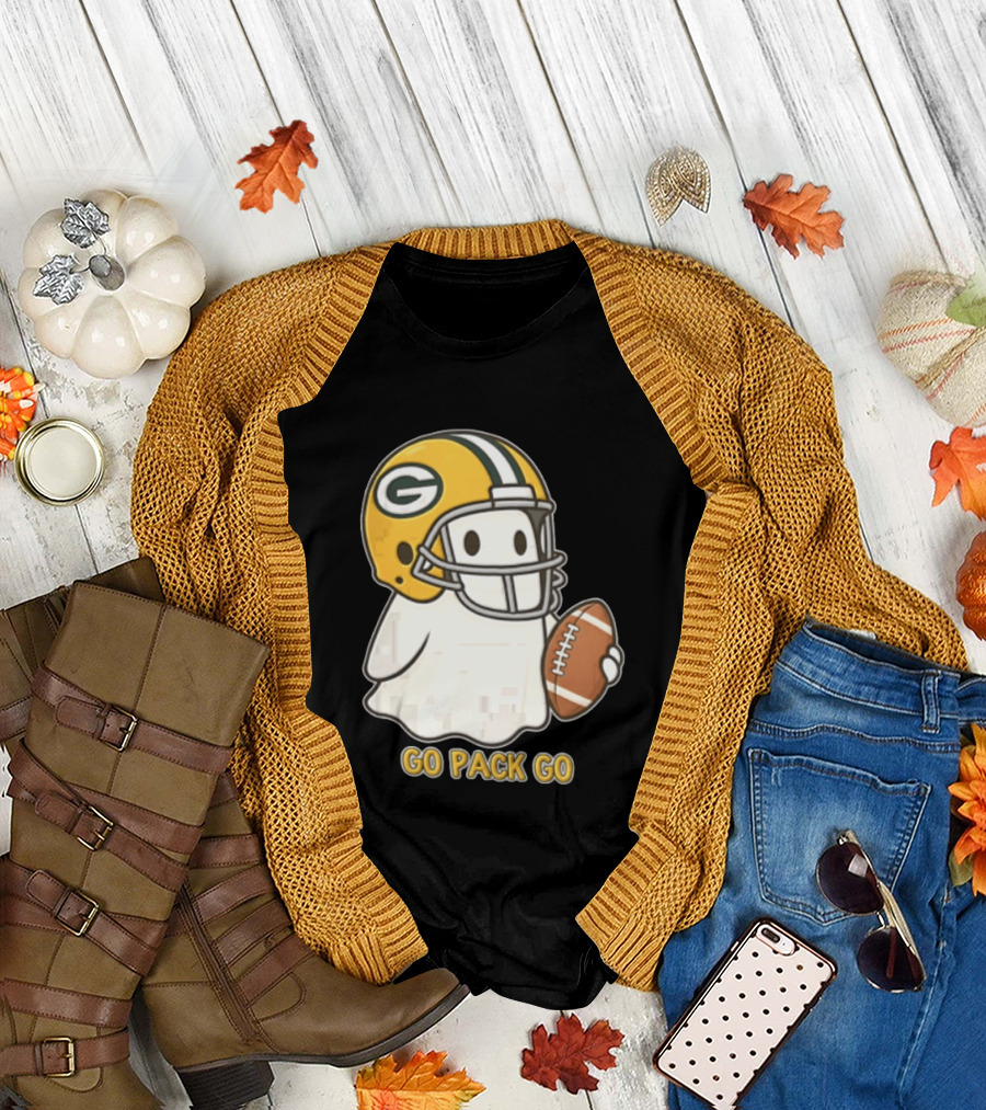 Go Pack Go Ghost With Green Bay Packers Football Helmet And Ball T-Shirt