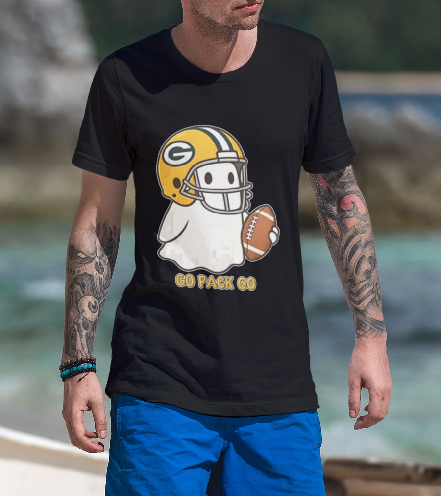 Go Pack Go Ghost With Green Bay Packers Football Helmet And Ball T-Shirt