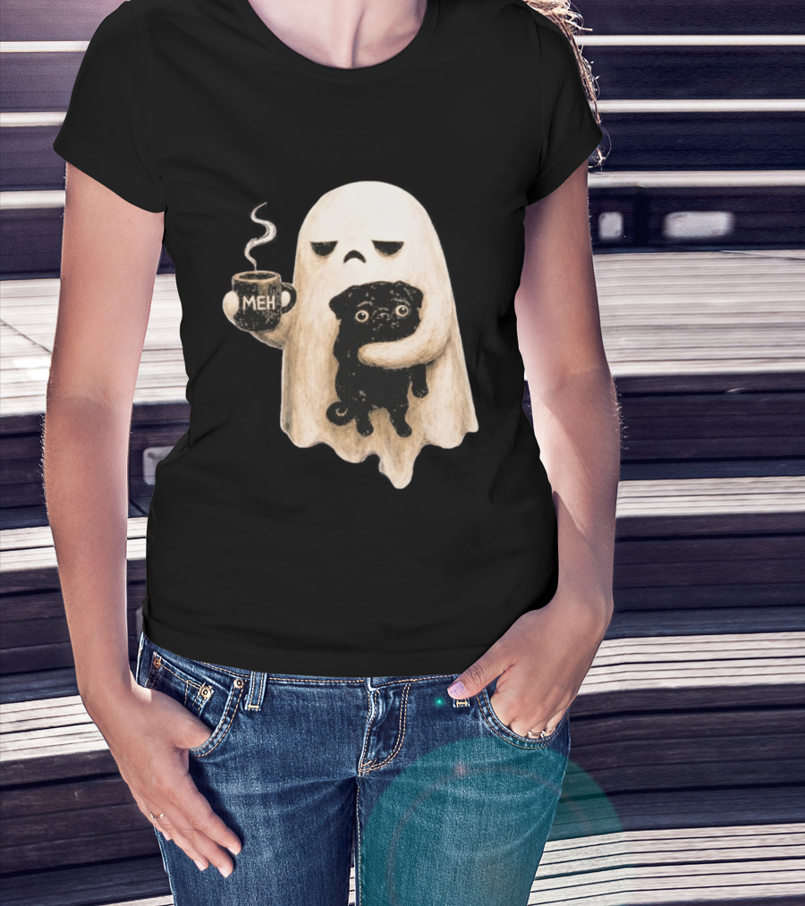 Halloween Meh Ghost Holding Black Pug Dog Lover T-Shirt