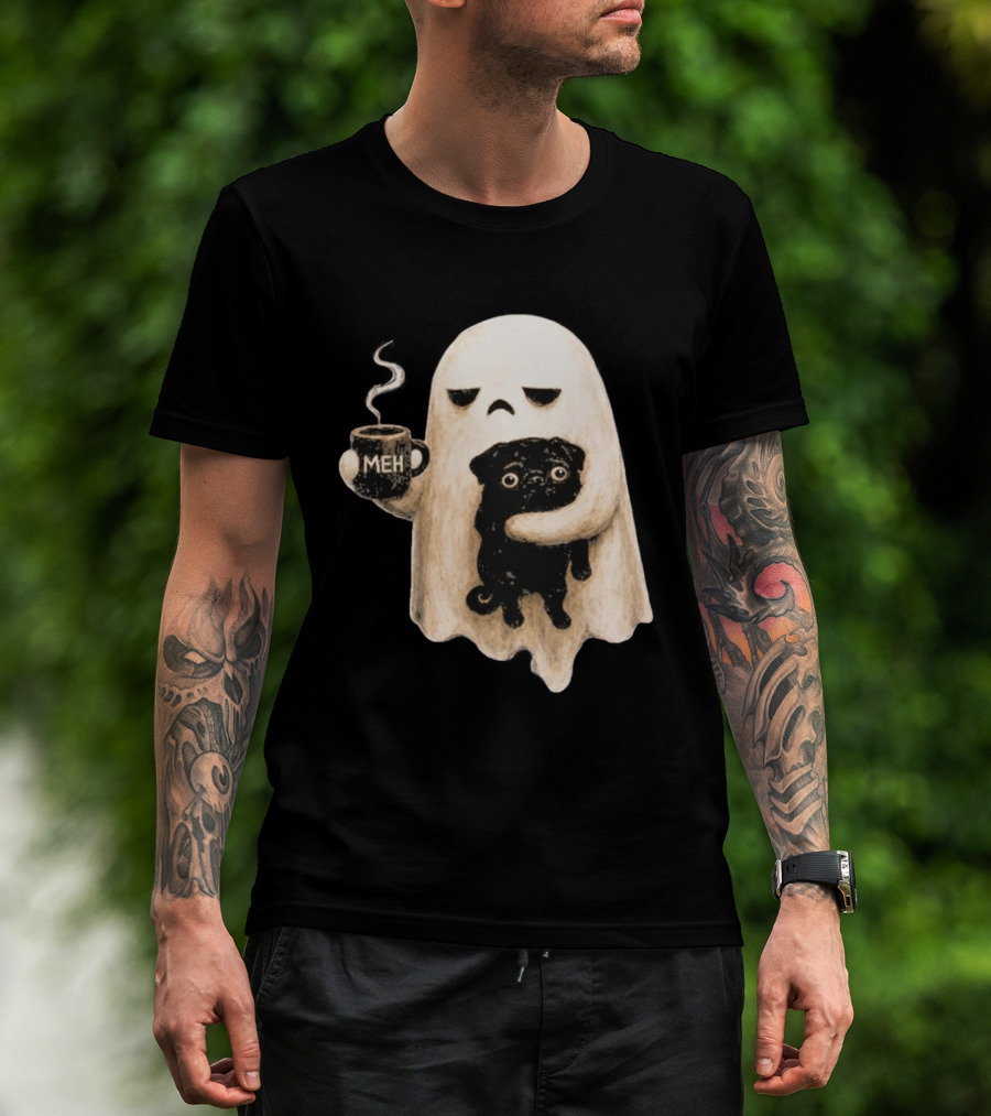 Halloween Meh Ghost Holding Black Pug Dog Lover T-Shirt