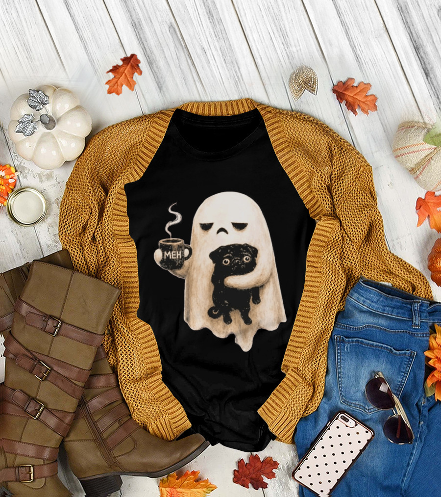 Halloween Meh Ghost Holding Black Pug Dog Lover T-Shirt