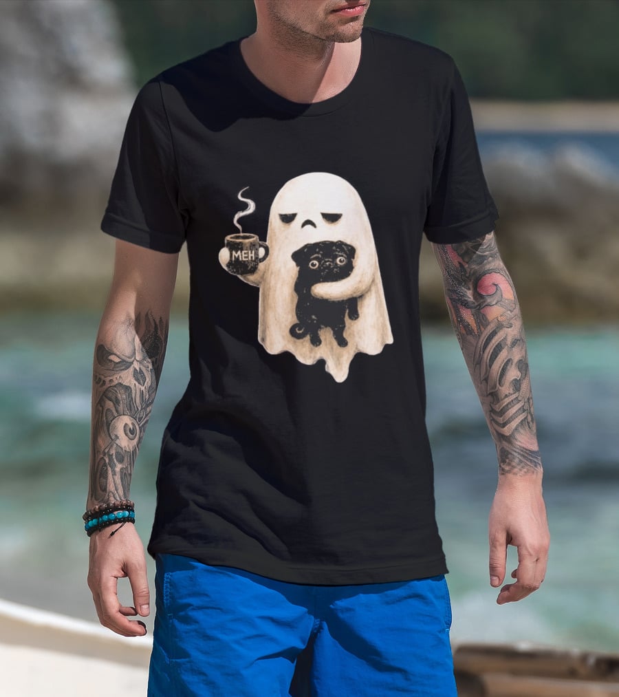 Halloween Meh Ghost Holding Black Pug Dog Lover T-Shirt