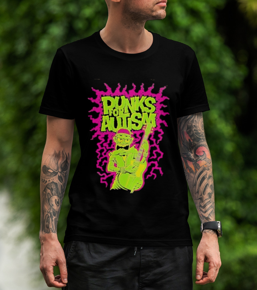 Punks For Autism Frankenstein Guitar Player Neon Rock T-Shirt